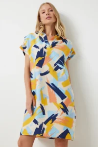 Happiness İstanbul Women's Yellow Blue Polo Neck Patterned Summer Dress - Image 2