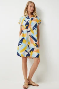 Happiness İstanbul Women's Yellow Blue Polo Neck Patterned Summer Dress - Image 3