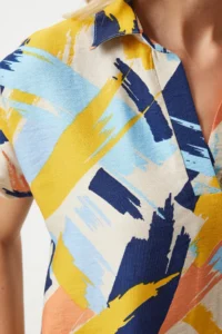 Happiness İstanbul Women's Yellow Blue Polo Neck Patterned Summer Dress - Image 4