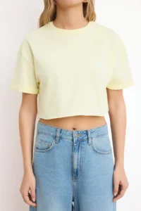 TRENDYOLMİLLA Yellow Boxy Drop Sleeve Short Sleeve 100% Cotton Knitting T-Shirt - Image 3