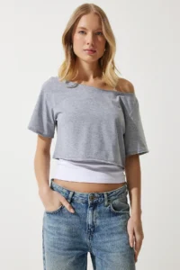 Happiness İstanbul Women's Gray Melange Boat Neck Basic Crop Knitted T-Shirt - Image 2