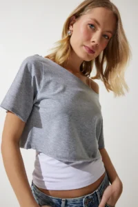 Happiness İstanbul Women's Gray Melange Boat Neck Basic Crop Knitted T-Shirt - Image 5