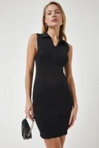 Happiness İstanbul Women Black Polo Shirt Collar Ribbed Knit Dress - Image 2