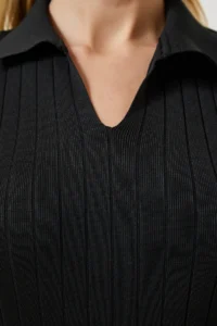 Happiness İstanbul Women Black Polo Shirt Collar Ribbed Knit Dress - Image 4