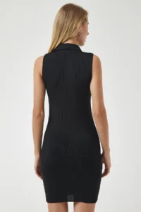 Happiness İstanbul Women Black Polo Shirt Collar Ribbed Knit Dress - Image 5