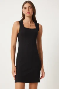 Happiness İstanbul Women's Black Square Collar Thick Strap Knitted Dress