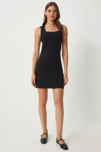 Happiness İstanbul Women's Black Square Collar Thick Strap Knitted Dress - Image 2