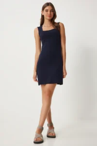 Happiness İstanbul Women's Navy Blue Square Collar Thick Strap Knitted Dress - Image 2