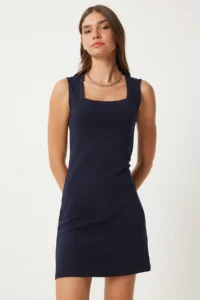 Happiness İstanbul Women's Navy Blue Square Collar Thick Strap Knitted Dress - Image 3