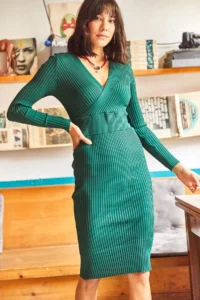 Olalook Women Emerald Green Double breasted Knit Dress - Image 2