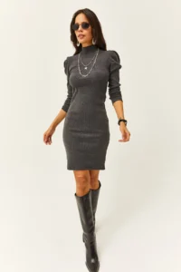 Olalook Women's Anthracite Half Turtleneck Princess Sleeve Raised Mini Dress - Image 2