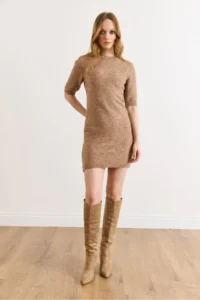 Olalook Women's Camel Crew Neck Short Sleeve Mini Knitwear Dress - Image 2