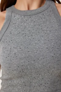 Happiness İstanbul Women's Anthracite Stone Detailed Halter Collar Knitted Undershirt - Image 3