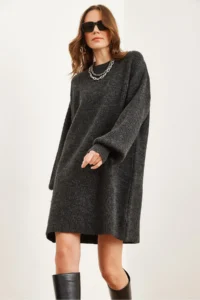 Olalook Women's Anthracite Crew Neck Balloon Sleeve Soft Textured Knitwear Tunic Dress - Image 4