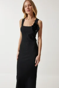 Happiness İstanbul Women's Black Floral Strap Saran Ribbed Knitted Dress - Image 3