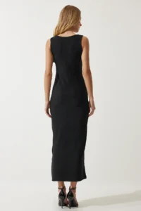 Happiness İstanbul Women's Black Floral Strap Saran Ribbed Knitted Dress - Image 6
