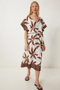 Happiness İstanbul Women's Brown Bone Patterned Summer Midi Woven Dress
