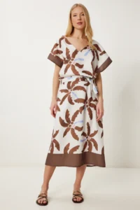 Happiness İstanbul Women's Brown Bone Patterned Summer Midi Woven Dress - Image 2