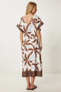 Happiness İstanbul Women's Brown Bone Patterned Summer Midi Woven Dress - Image 4