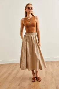 Olalook Women's Stone Pocket Elastic Waist Midi Woven Bell Skirt - Image 5