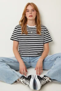 Lovelyİstanbul Oversize Striped Cotton Knitted T-shirt  BLACK WHITE