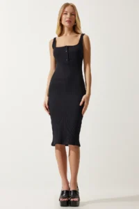 Happiness İstanbul Women's Black Button-Strapped Corduroy Knitted Dress
