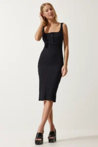 Happiness İstanbul Women's Black Button-Strapped Corduroy Knitted Dress - Image 2
