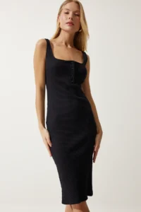 Happiness İstanbul Women's Black Button-Strapped Corduroy Knitted Dress - Image 3