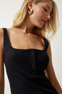 Happiness İstanbul Women's Black Button-Strapped Corduroy Knitted Dress - Image 4