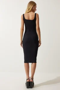 Happiness İstanbul Women's Black Button-Strapped Corduroy Knitted Dress - Image 6