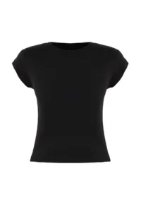 TRENDYOLMİLLA Teen Black Fitted Moon Arm Short Sleeve Cotton Rib Knitting T-Shirt - Image 6