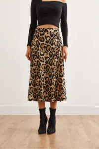 Olalook Women's Leopard Stone Elastic Waist Suede Textured Bell Skirt - Image 5