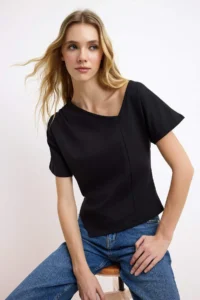 TRENDYOLMİLLA Black Regular/Normal Pattern Asymmetric Collar Shirred Cotton Flexible Knitting T-Shirt