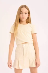 DeFacto Slim Fit Narrow Cut Crew Neck Basic Plain Rib Short Sleeve T-Shirt Girl Child - Image 3