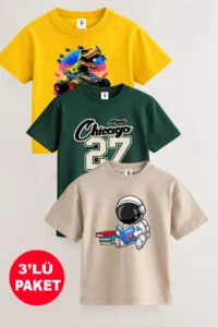 twins tailors Astronaut And Dinosaur Printed 3-Pack Unisex Yellow-Green-Beige Children's T-Shirt