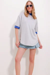 Trend Alaçatı Stili Women's Gray Crew Neck Oval Cut Modal T-Shirt - Image 3