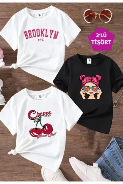 twins tailors Cherry Printed 3 Pack White-Black-White Girl's T-Shirt