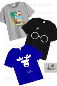 twins tailors Summer Themed 3-Pack Unisex Black-Grey-Sax Blue Children's T-Shirt/T-Shirt
