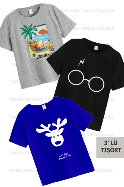 twins tailors Summer Themed 3-Pack Unisex Black-Grey-Sax Blue Children's T-Shirt/T-Shirt