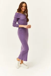 Olalook Women's Purple Madonna Collar Lycra Long Dress - Image 2