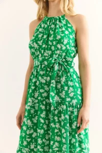 Olalook Women's Green White Floral Halter Neck Belted Woven Viscon Dress - Image 6