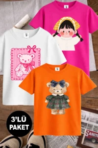 twins tailors Cute Boy And Teddy Printed 3-Pack Pink-White-Orange Girls' T-Shirt