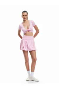 Koton V-Neck Ruffle Detailed Modal Blend Crop Sports T-Shirt - Image 2