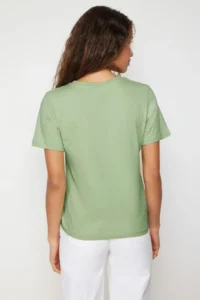 TRENDYOLMİLLA Petrol Blue Blue Blue-Mint 100% Cotton Crew Neck 2 Sets Package Knitting T-Shirt - Image 3