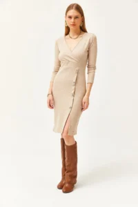 Olalook Women's Stone Double Breasted Collar Slit Button Detailed Raised Dress - Image 2