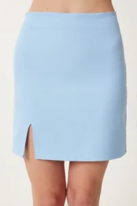 Happiness İstanbul Women Gök Blue slit Mini Weaving Skirt - Image 3