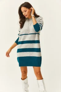 Olalook Women's Gray Six Stripes Soft Textured Knitwear Tunic Dress - Image 4