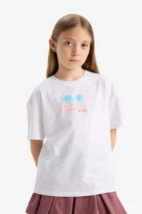DeFacto Crew Neck Printed Short Sleeve T-Shirt Girls - Image 4