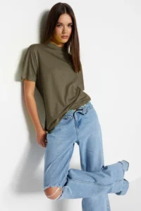 TRENDYOLMİLLA Dark Khaki 100% Cotton Basic Regular/Normal Pattern Dog collar Knitting T-Shirt - Image 5