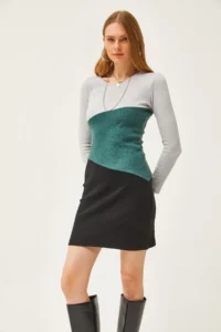 Olalook Women's Gray Green Black Color Block Raised Mini Dress - Image 3